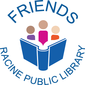 A logo in which "Friends of the Racine Public Library" is typed in a circle around an icon of three people reading a book together.