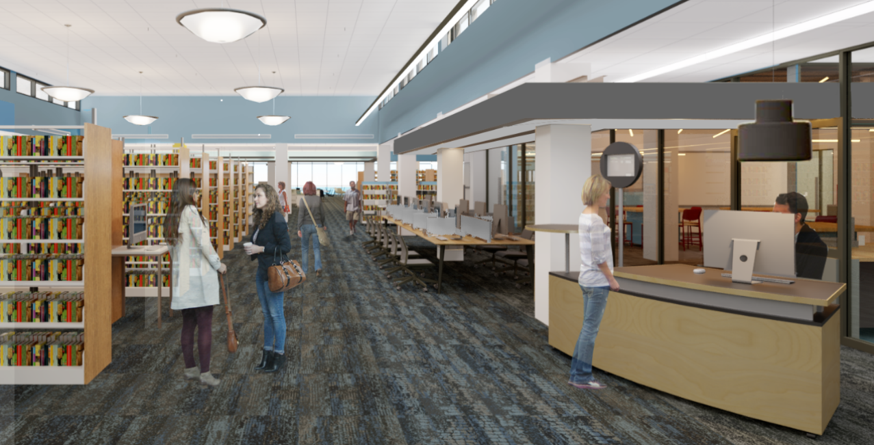 A preview of what the second floor of the Racine Public Library will look like after its renovation. A corridor stretches from one side of the building to the other, freeing the way for light to bounce in off the lake through the library's broad east windows. To the left of the cooridor is rows of shelves, and to the right is several computer stations around a long table, as well as a modern front desk large enough for a single staff member. The library's ceiling is white with lake blue walls just around it, opening the space up and highlighting the color of the lake.