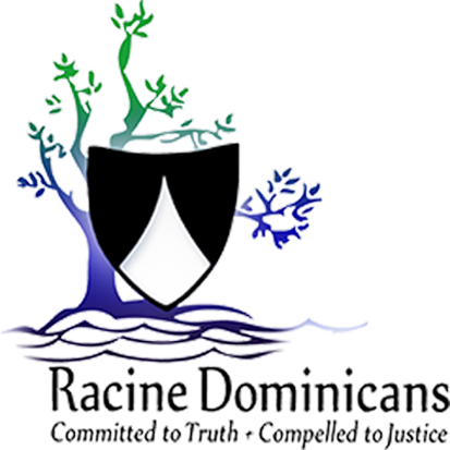 The logo for the Racine Dominicans, a shield in front of a blue and green tree. It includes the tagline, "Committed to Truth. Compelled to Justice."