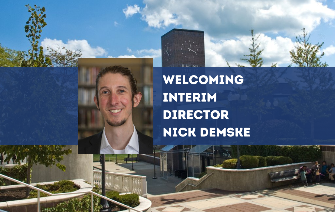 A photo of Nick Demske in front of a photo of the library. Text says, "Welcoming interim director Nick Demske."